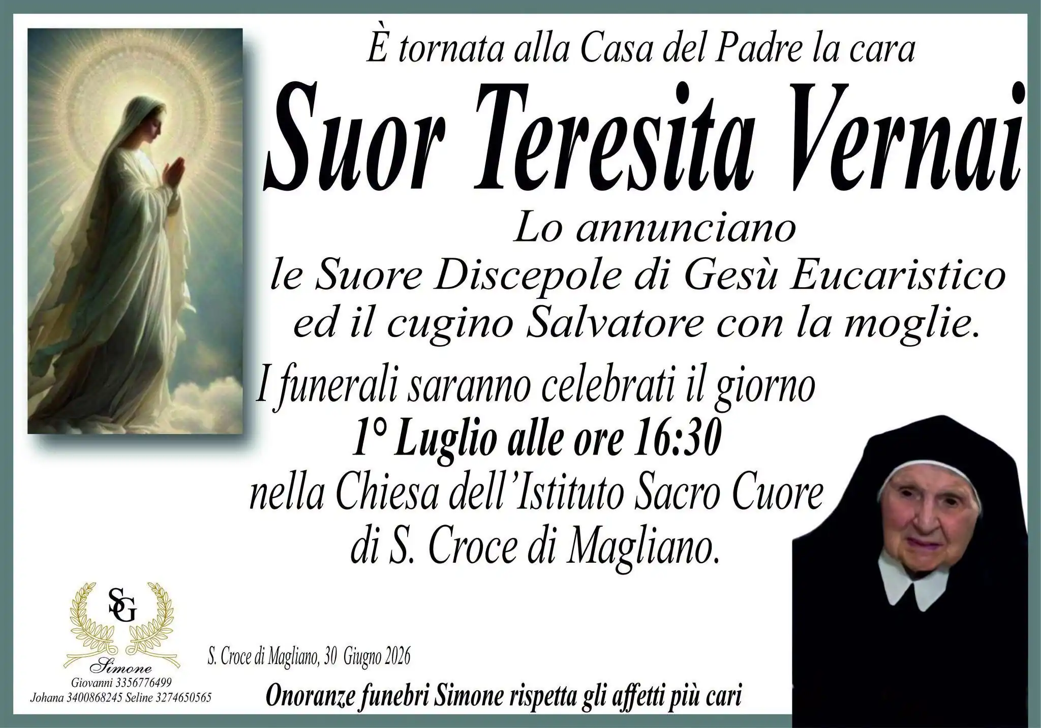 Santa Croce di Magliano, addio a suor Teresita Vernai