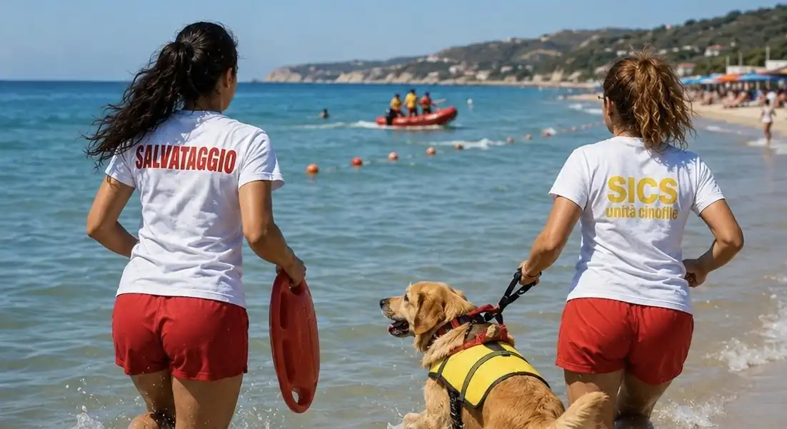 Cani da salvataggio protagonisti di una dimostrazione in spiaggia