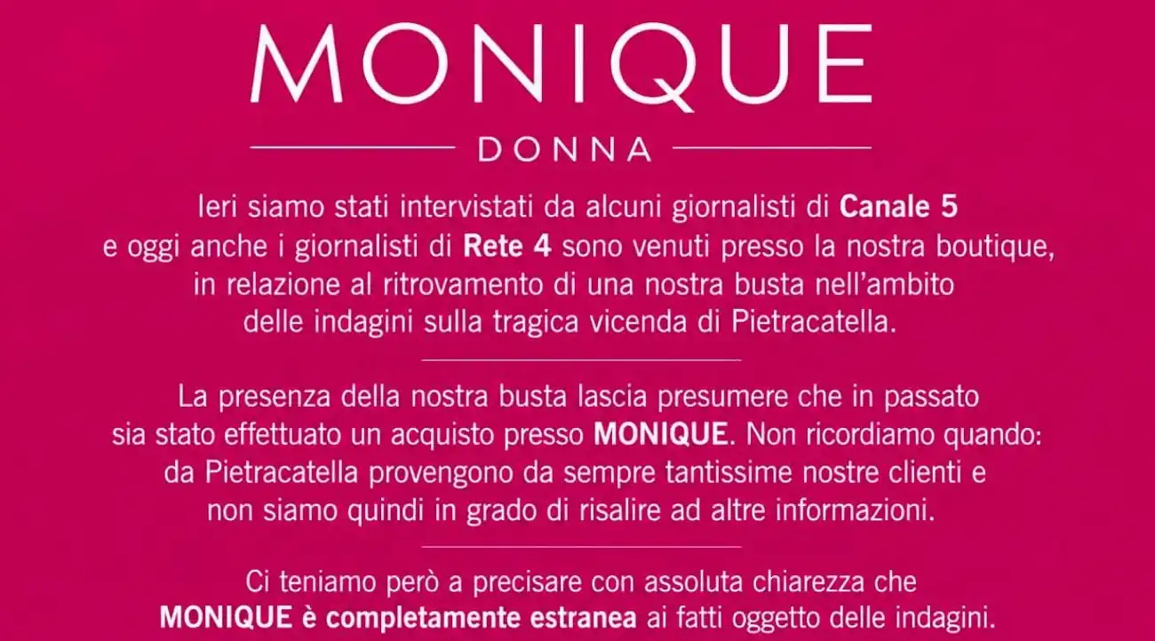 Giallo Pietracatella: le precisazioni della boutique Monique
